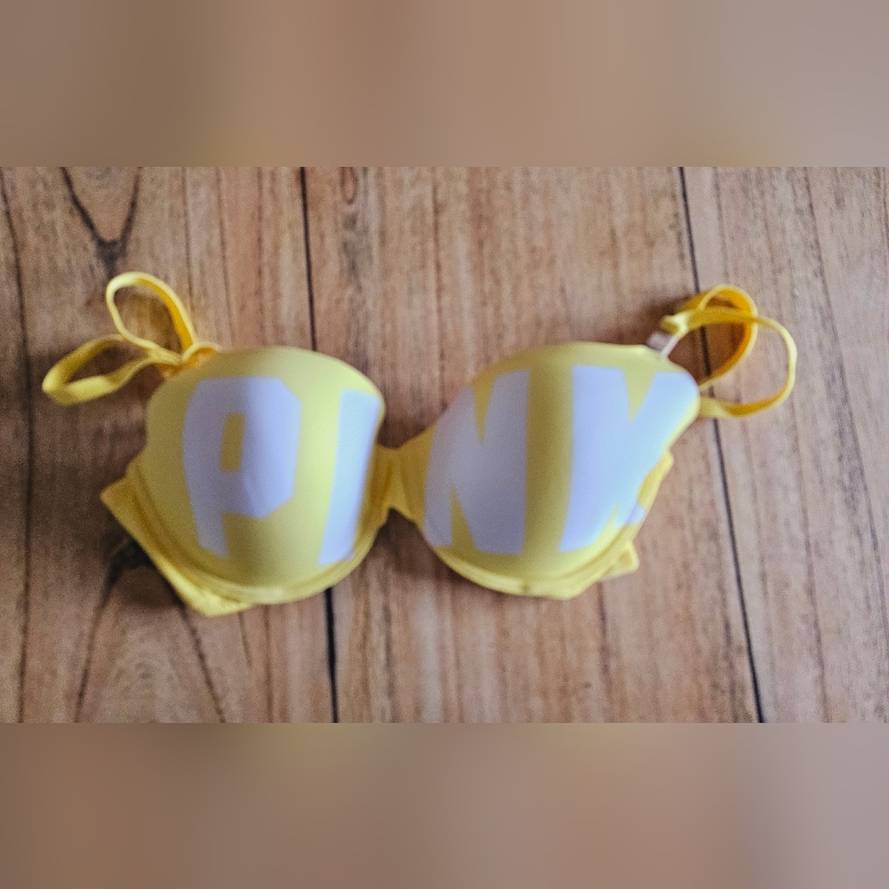 "Vibrant Yellow T-Shirt Bra with 'PINK' Logo from Victoria's Secret, Size 34DD